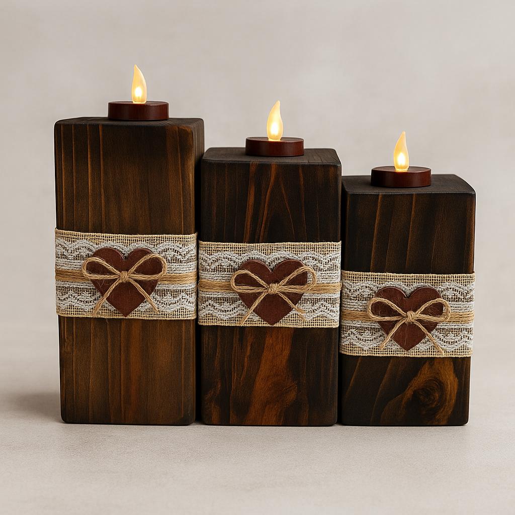 Rustic Wooden Candle Holder Trio – Burlap & Lace Heart Decor