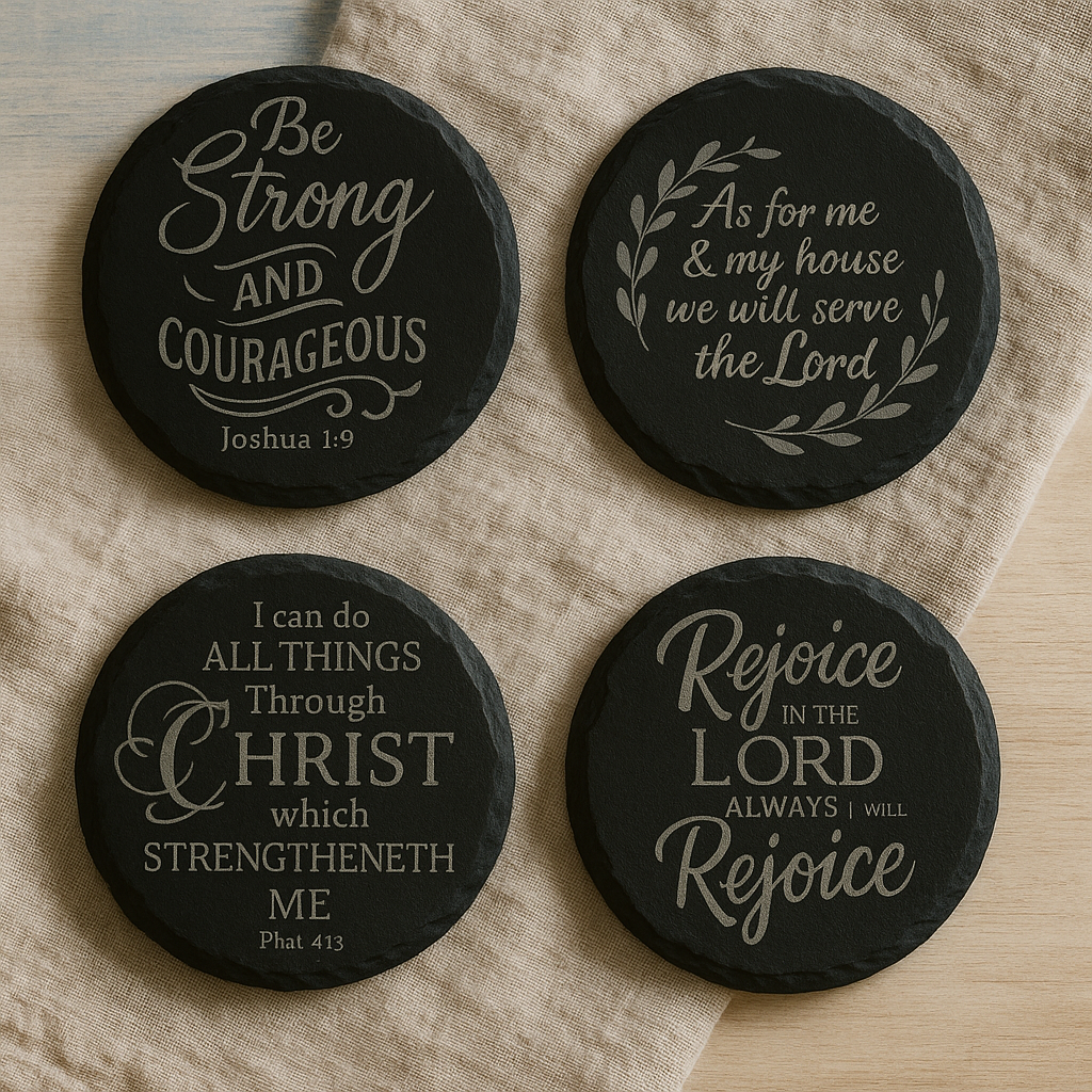 Engraved Bible Verse Slate Coaster Set – Christian Home Decor (Set of 4)