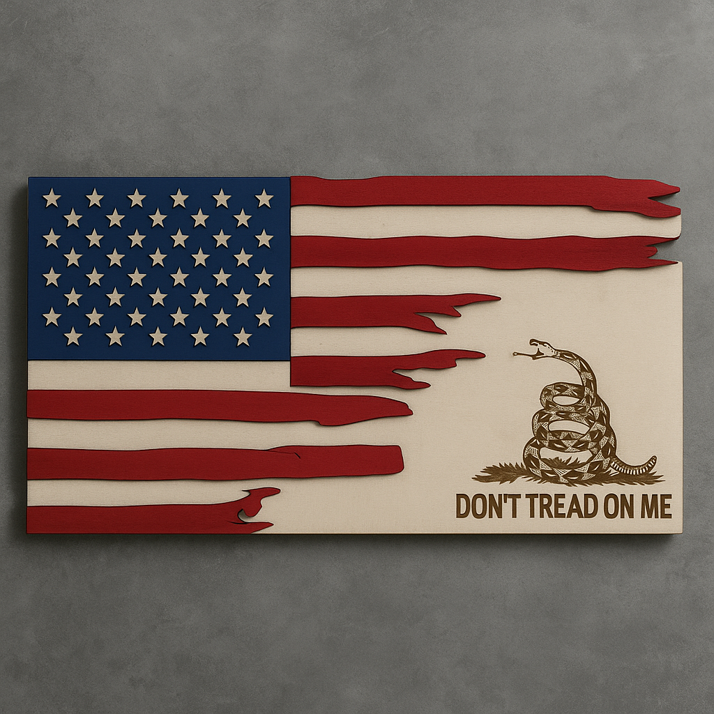 Distressed American Flag “Don’t Tread on Me” Wooden Wall Art – 2-Layer Design