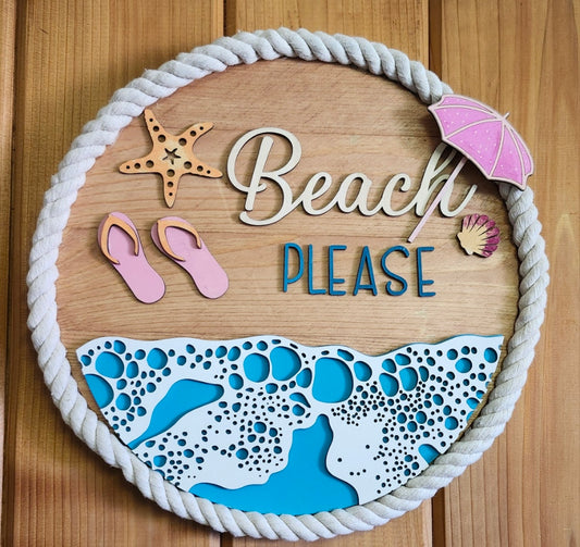 Beach Please” 10-Inch Layered Wood Sign – Coastal Summer Decor