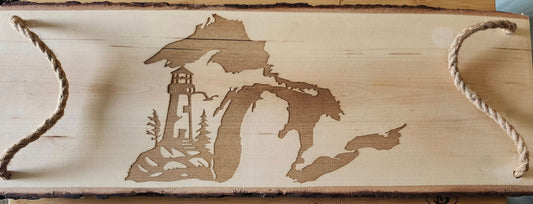 Live Edge Michigan Charcuterie Board with Lighthouse Engraving (Food Safe)