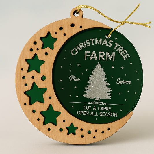 Christmas Tree Farm Ornament – Engraved Green Acrylic & Wood