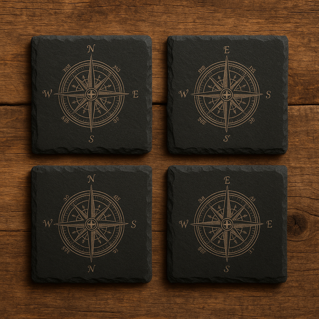 Engraved Slate Compass Coaster Set – Rustic Nautical Decor (Set of 4)