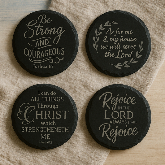 Engraved Bible Verse Slate Coaster Set – Christian Home Decor (Set of 4)