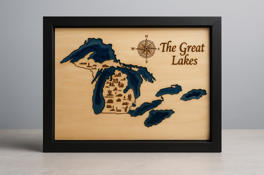 Laser Engraved Great Lakes Map with Resin Inlay – Framed 11x14 Wall Art