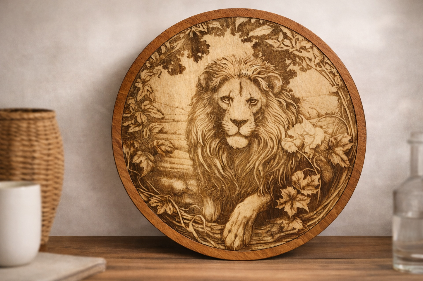 Majestic Lion Engraved Wood Round Wall Art
