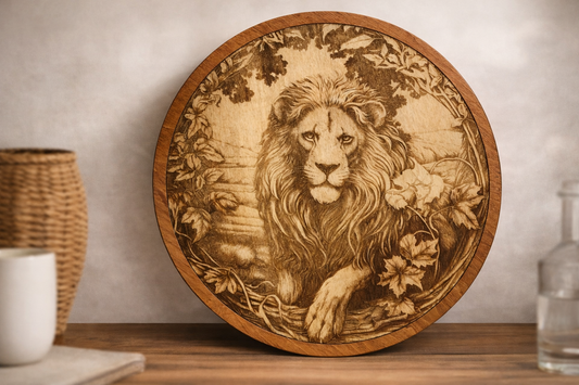 Majestic Lion Engraved Wood Round Wall Art