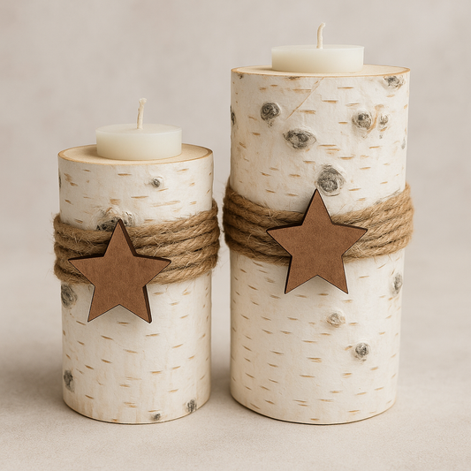 Rustic Birch Candle Holders – Set of 2 with Star Accents