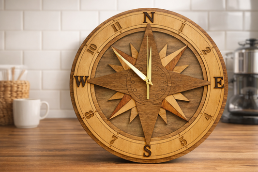 Rustic Rose Compass Clock – Laser Cut Nautical Wall Art